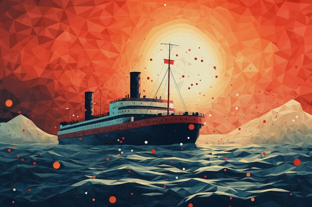 Dot shaped style sunset with waves and ship