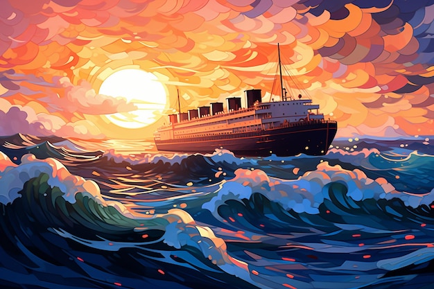 Dot shaped style sunset with waves and ship