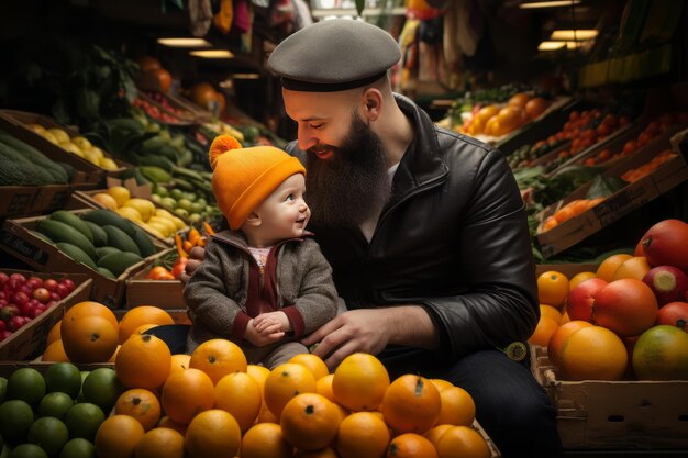 Отец с ребенком размышляют над свежими фруктами на рынке