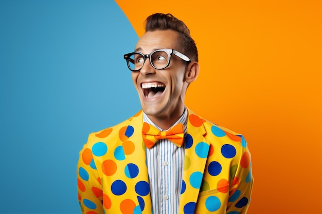 Photo dots man positive trendy polka hipster crazy background style model handsome smiling concept fashion cheerful