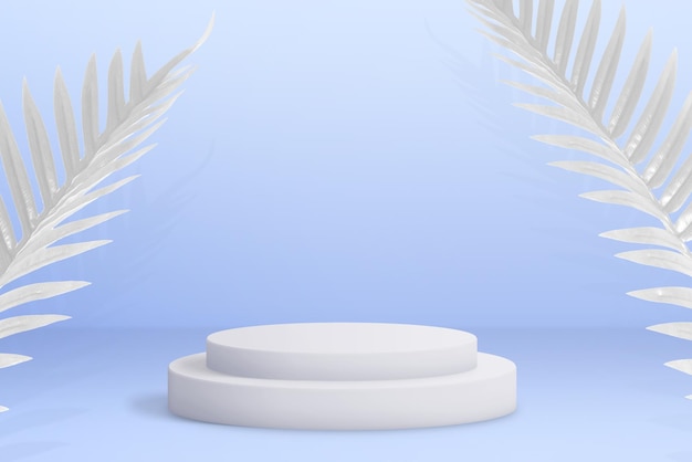 Double base for product presentation on a blue background with white palm leaves decoration