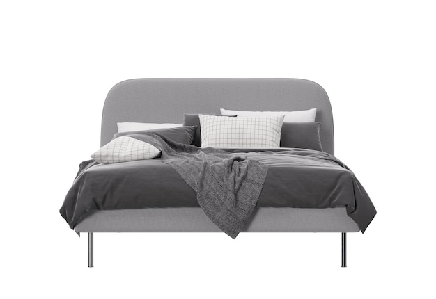 Letto matrimoniale isolato su sfondo bianco vista frontale mobili moderni biancheria da letto grigia e bianca bellissimo letto in stile contemporaneo rendering 3d