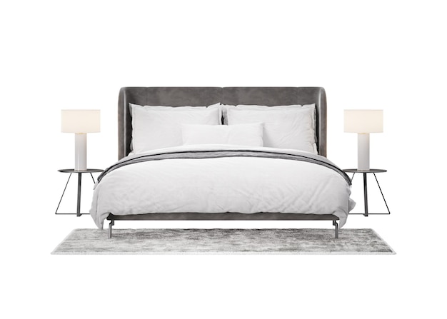 Double bed with carpet and lamps on white background isolated Front view Gray and white bedding Modern interior design element Bedroom furniture Cut out 3D rendering