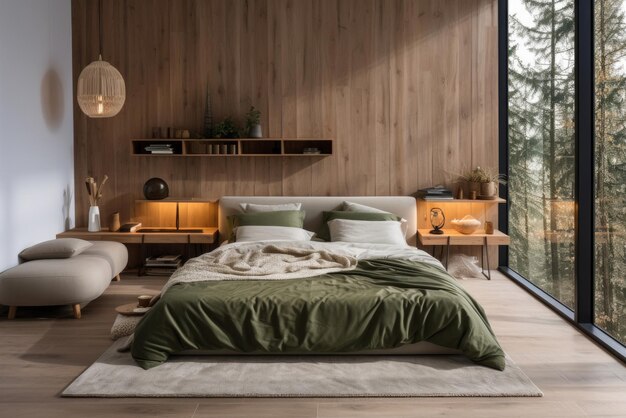 明るいスカンジナビア風の寝室で緑色のリネン・リネン付きのダブルベッド