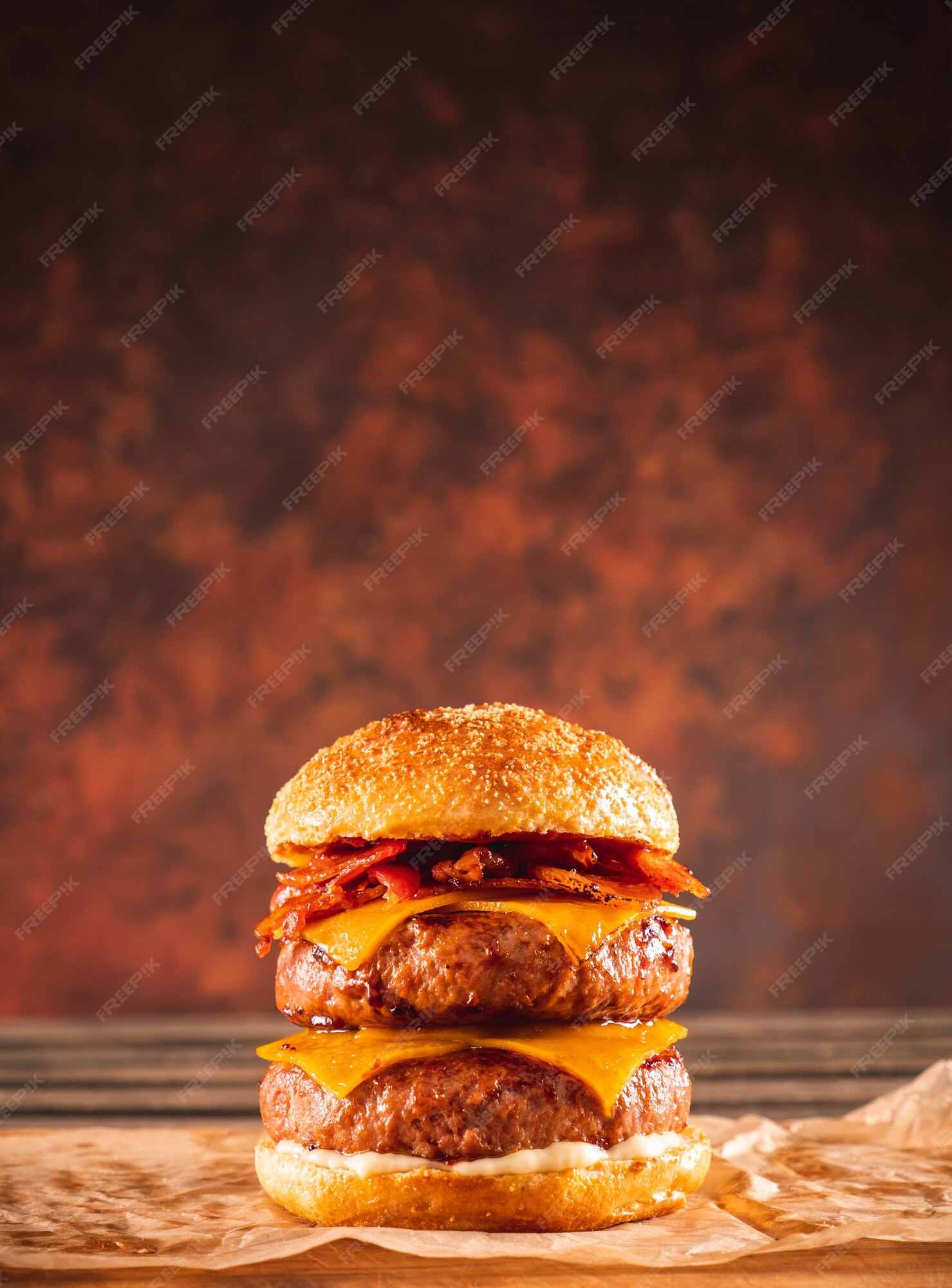 Premium Photo | Double beef and bacon burger with cheddar cheese on a