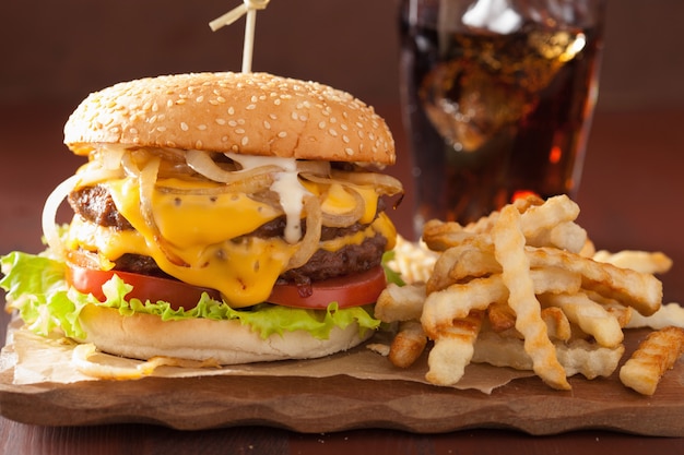 Double cheese burger with jalapeno, tomato and onion and french fries