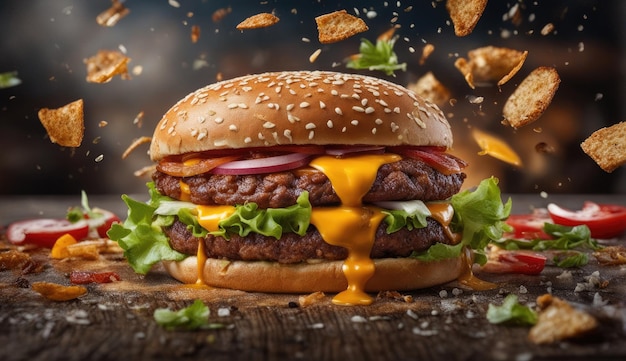 Double Cheeseburger with Flying Croutons and Tomato Slices on Dark Blurred Background