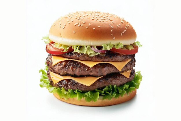 A double cheeseburger with lettuce, tomato, and lettuce on it.