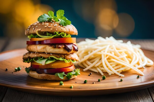 木の板の長くて広いバナーにレタストマトと溶けたチーズを載せたダブルチーズバーガー