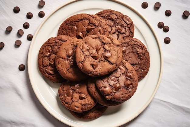 Double chocolate chip cookies freshly baked on a white plate arranged in a flat lay style