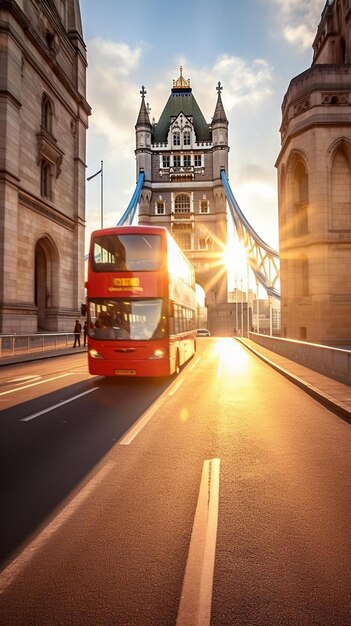 Photo a double decker bus drives down a street with a tower in the background