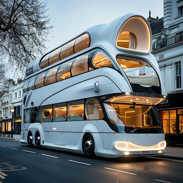 a double decker bus is driving down the street