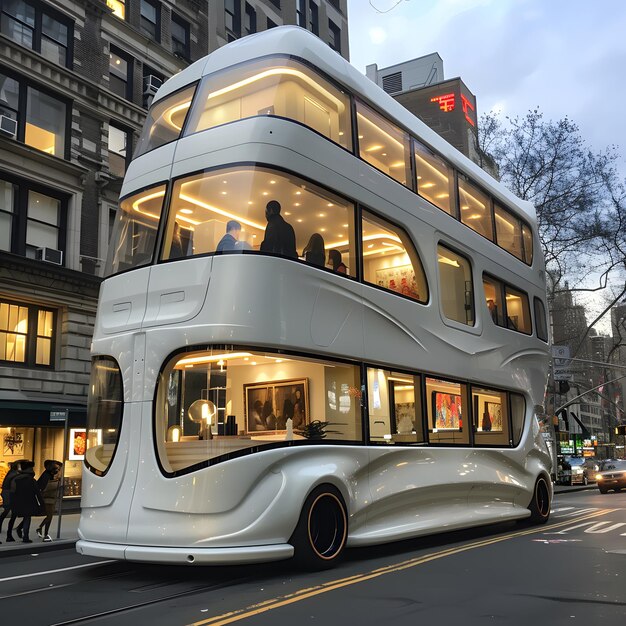 a double decker bus is driving down the street