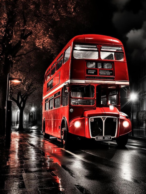 Photo a double decker bus is on the street in the dark