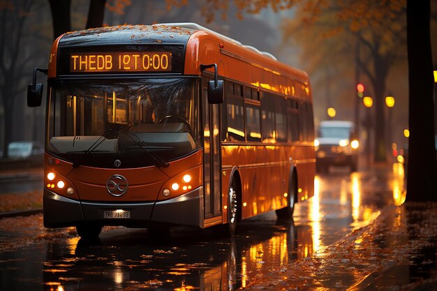 double decker red bus on rainy city street night bokeh background