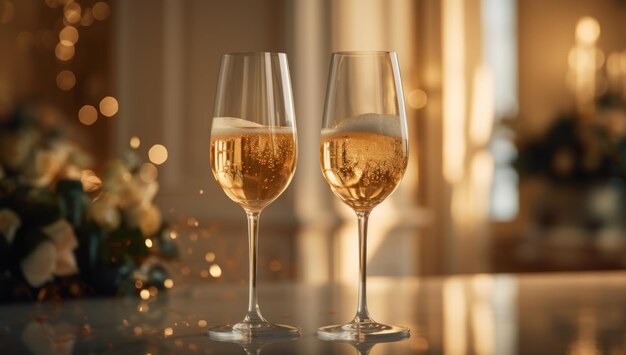 Photo double elegance two glasses of champagne on table celebrate in style with sparkling wine and luxurious ambiance cheers to memorable moments and joyful togetherness