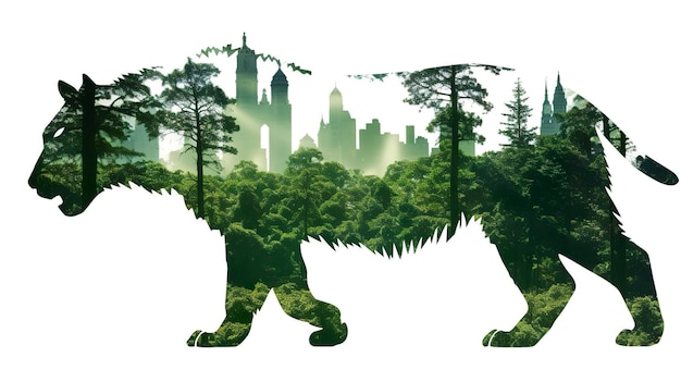 Double expose silhouette of a tiger standing in the style of photocollage eco architecture AI Generative