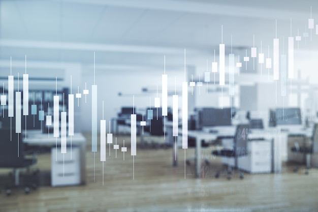 Double exposure of abstract creative financial chart hologram on modern corporate office background research and strategy concept