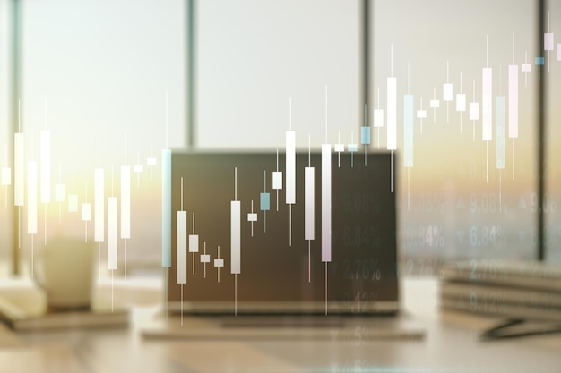 Double exposure of abstract creative financial chart on modern laptop background research and strategy concept