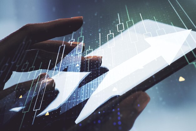 Double exposure of abstract creative financial diagram with upward arrow and finger clicks on a digital tablet on background growth and development concept