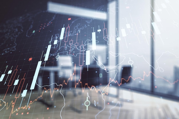 Double exposure of abstract creative financial diagram with world map and modern desk with computer on background banking and accounting concept