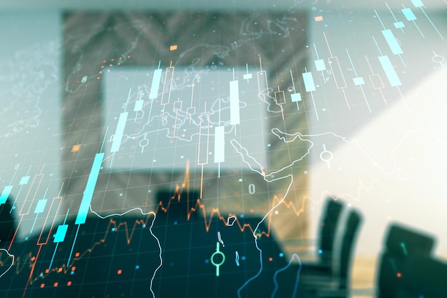 Double exposure of abstract creative financial diagram and world map on a modern boardroom background banking and accounting concept