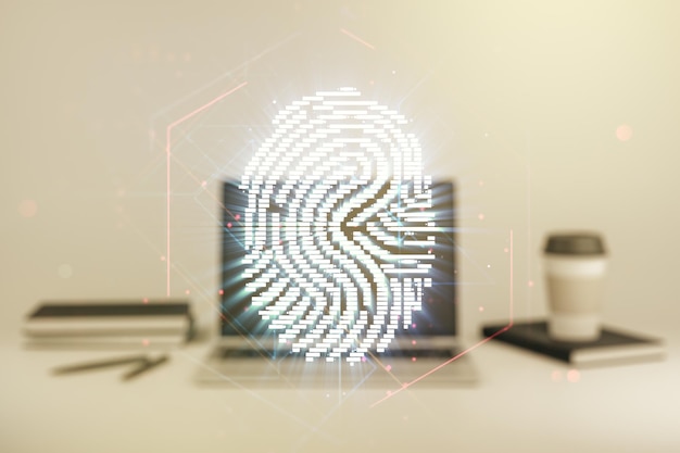 Double exposure of abstract creative fingerprint hologram on computer background protection of personal information concept