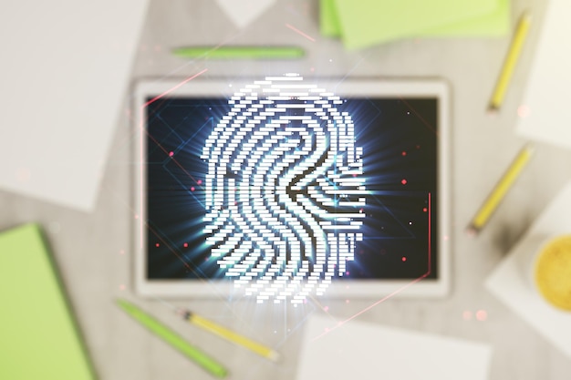 Double exposure of abstract creative fingerprint hologram and modern digital tablet on background protection of personal information concept