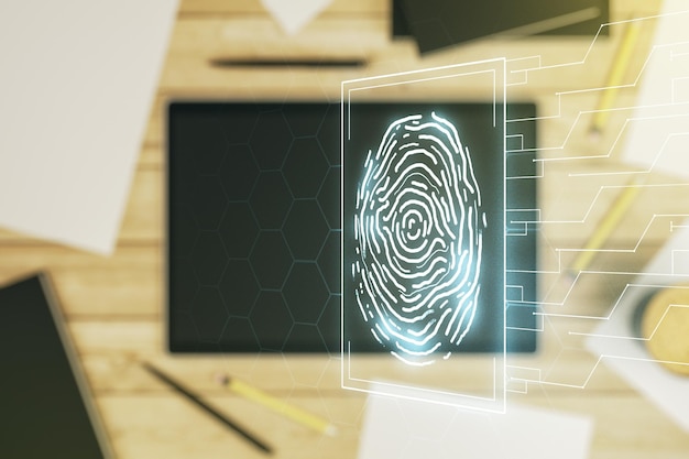 Double exposure of abstract creative fingerprint hologram and modern digital tablet on background protection of personal information concept