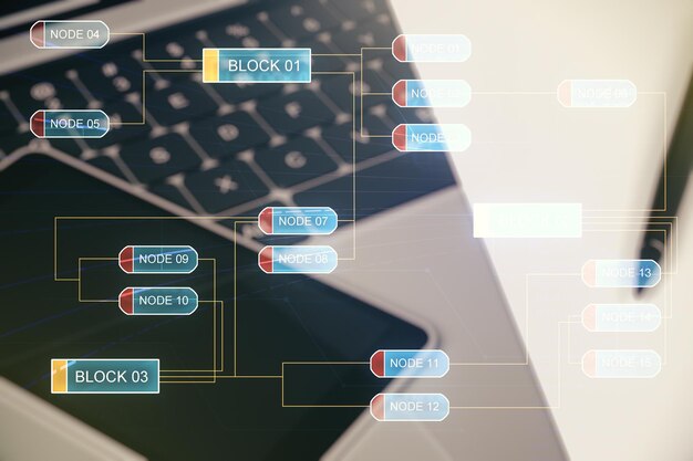 Foto doppia esposizione dell'illustrazione di programmazione creativa astratta su sfondo di computer big data e concetto di blockchain