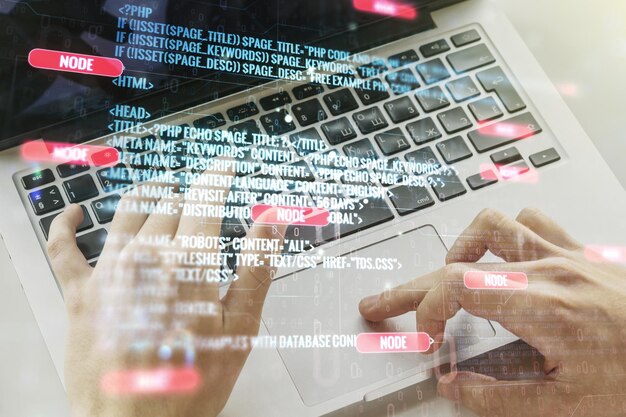 Photo double exposure of abstract creative programming illustration and hands typing on laptop on background big data and blockchain concept