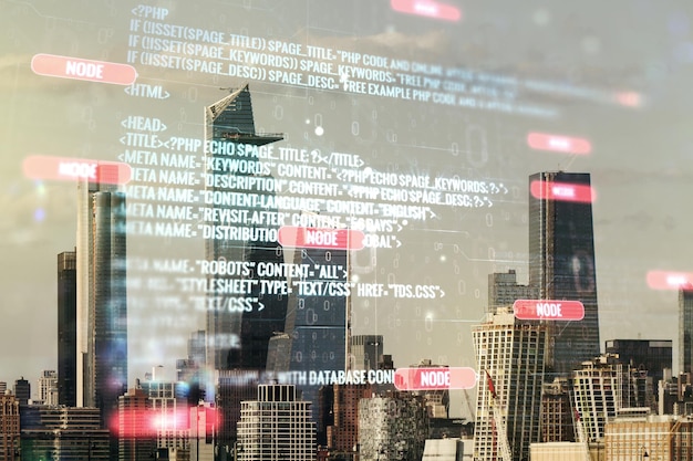 Double exposure of abstract creative programming illustration on New York city office buildings background big data and blockchain concept