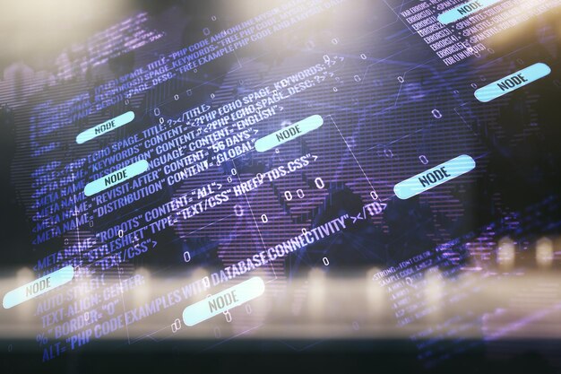 Double exposure of abstract creative programming illustration and world map on contemporary business center exterior background big data and blockchain concept