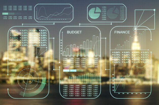 Double exposure of abstract creative statistics data hologram on blurry office buildings background analytics and forecasting concept