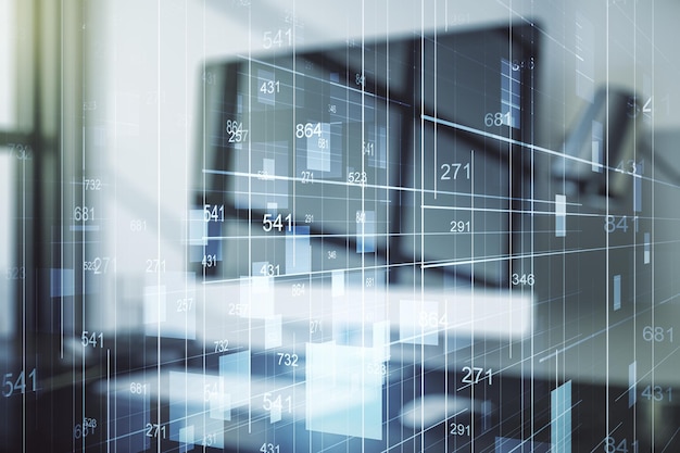 Foto doppia esposizione dell'ologramma di dati statistici creativi astratti su statistiche di sfondo del laptop e concetto di analisi