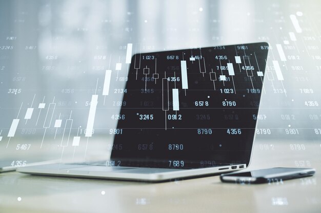 Double exposure of abstract creative statistics data hologram on laptop background statistics and analytics concept