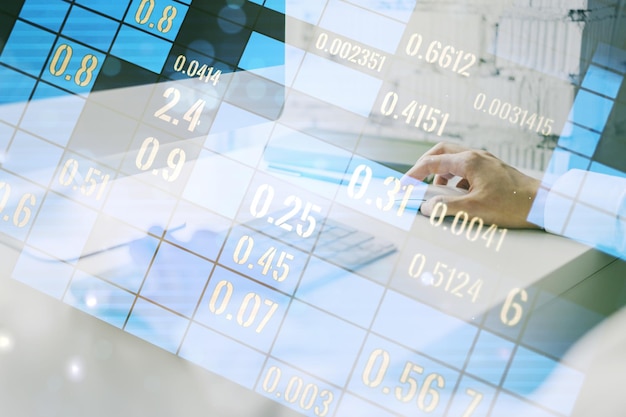 double exposure of abstract creative statistics data hologram with hands typing on laptop on background analytics and forecasting concept
