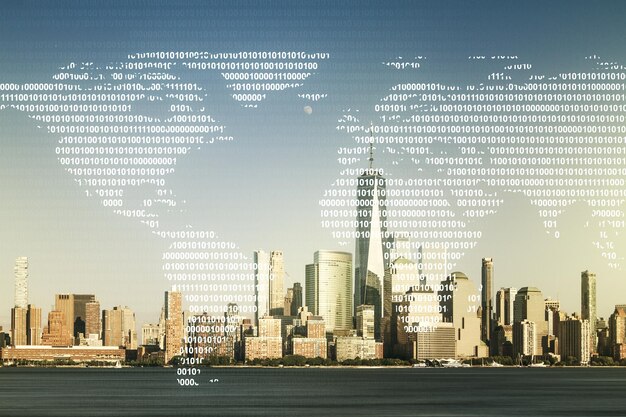 Double exposure of abstract digital world map hologram on New York city office buildings background big data and blockchain concept