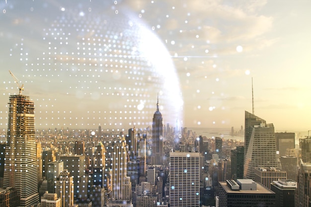 ニューヨーク市のオフィスビルの背景にある抽象的なデジタル世界地図ホログラムの二重露光とビッグデータとブロックチェーンのコンセプト
