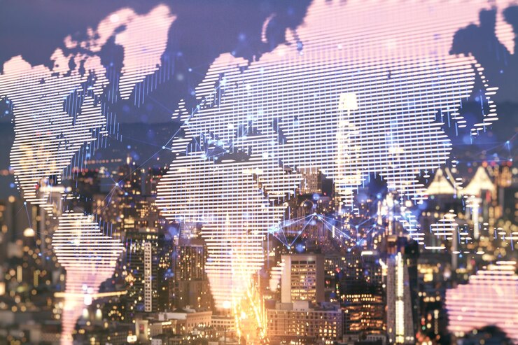 Photo サンフランシスコのオフィスビルの背景にビッグデータとブロックチェーンの概念を背景にした抽象的なデジタル世界地図ホログラムの二重露光