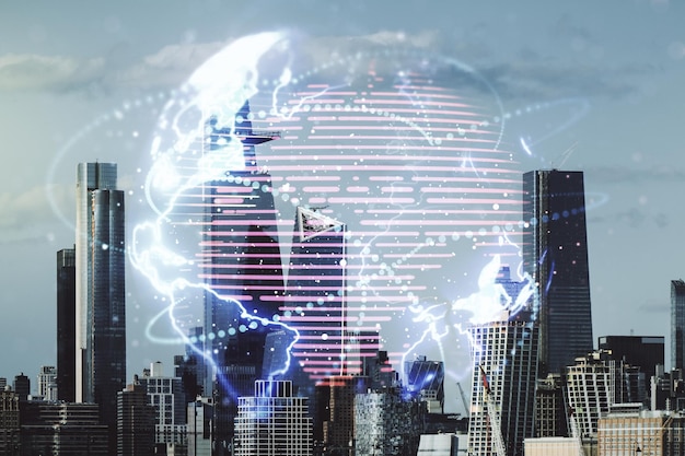 Double exposure of abstract digital world map hologram with connections on Manhattan office buildings background big data and blockchain concept