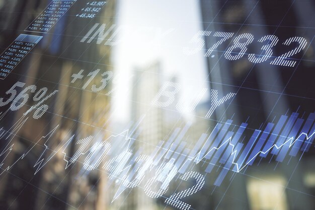 Double exposure of abstract financial chart on office buildings background research and analytics concept