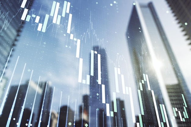 Double exposure of abstract financial chart on office buildings background research and analytics concept