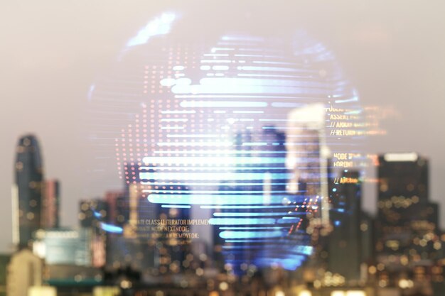 Photo double exposure of abstract programming language hologram and world map on blurry cityscape background research and development concept