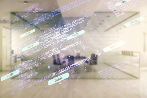 Double exposure of abstract programming language hologram and world map on modern corporate office background research and development concept