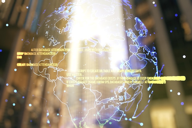 Double exposure of abstract programming language hologram and world map on modern skyscrapers background research and development concept