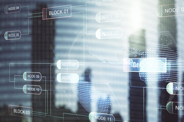 Double exposure of abstract programming language hologram and world map on modern skyscrapers background research and development concept