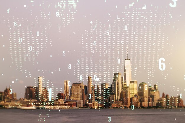 Double exposure of abstract programming language hologram and world map on New York city skyscrapers background research and development concept