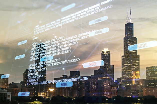 Double exposure of abstract programming language interface on Chicago city skyscrapers background research and development concept