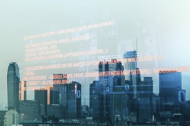 Double exposure of abstract programming language interface on Los Angeles city skyscrapers background research and development concept